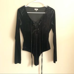 Black velvet tie neck bodysuit